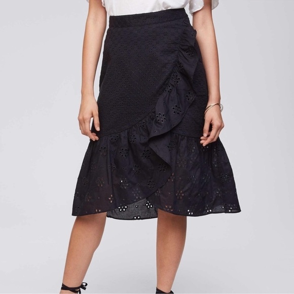 LOFT Embroidered Eyelet Black Ruffle Skirt - Picture 1 of 6